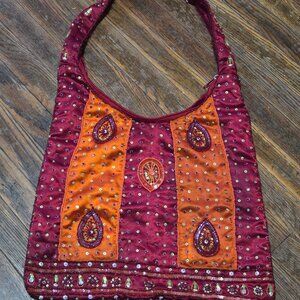 Boho Embroidered Beaded Shoulder Bag – Burgundy & Orange Satin Handmade Tote
